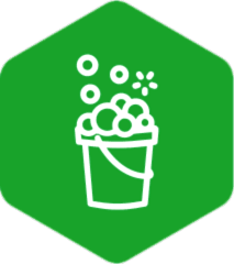 Mission Maids icon of a bucket with bubbles coming out on a green hexagon background.