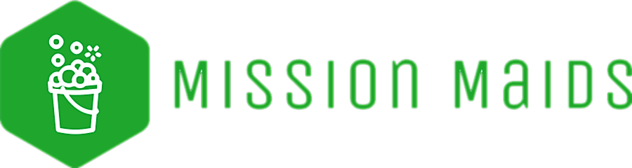 Mission Maids House Cleaning Service logo in green with no background. It includes a mop bucket overflowing with bubbles on a green background with the company name 'Mission Maids' in green capitalized font to the right.